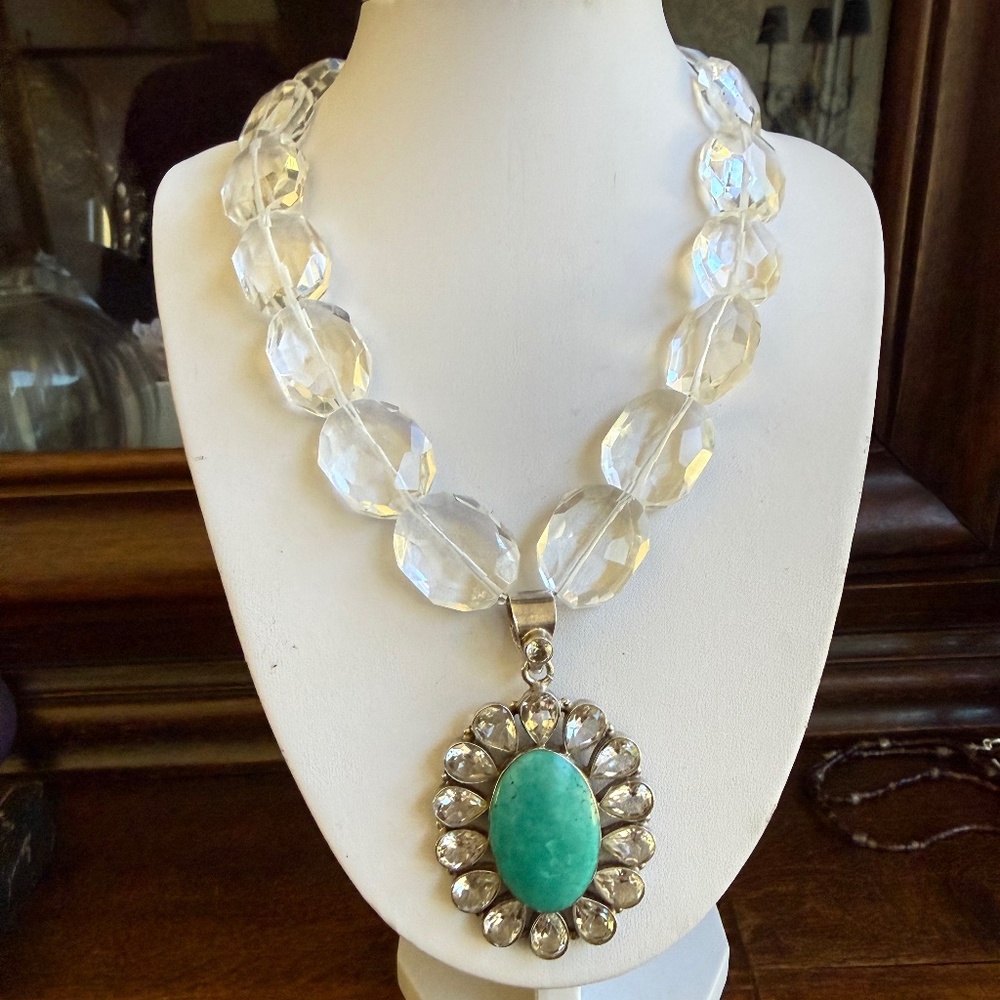 large .western style sterling silver turquoise pendant faceted quartz crystals